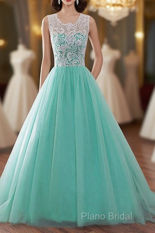 Tulle Buttons Lace Long Green Round Neck Formal Prom Dresses Main image