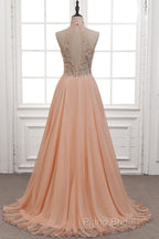 Tulle & Chiffon High Neck Formal Dresses With Beading