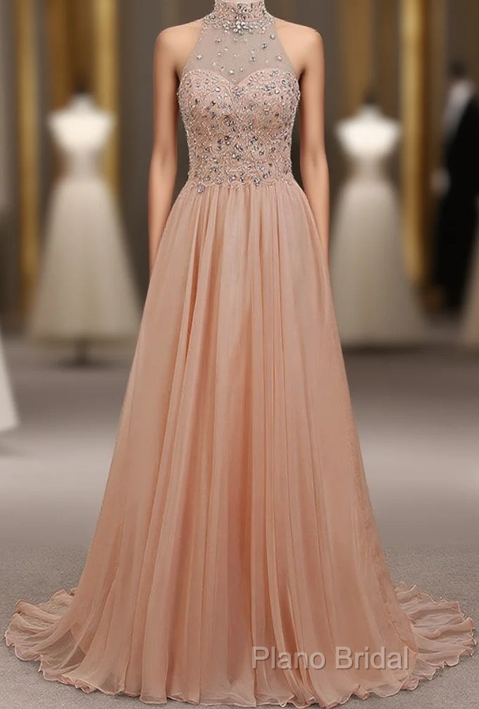 Tulle & Chiffon High Neck Formal Dresses With Beading Main image