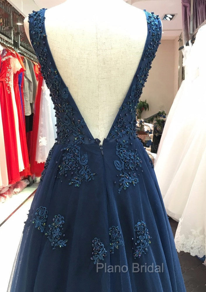 Tulle Dark Navy Formal Prom Dresses A-Line/Princess V-Neck Long/Floor-Length With Beaded Appliqued Secondary image