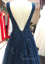 Tulle Dark Navy Formal Prom Dresses A-Line/Princess V-Neck Long/Floor-Length With Beaded Appliqued