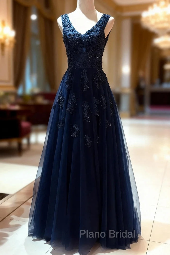Tulle Dark Navy Formal Prom Dresses A-Line/Princess V-Neck Long/Floor-Length With Beaded Appliqued Main image