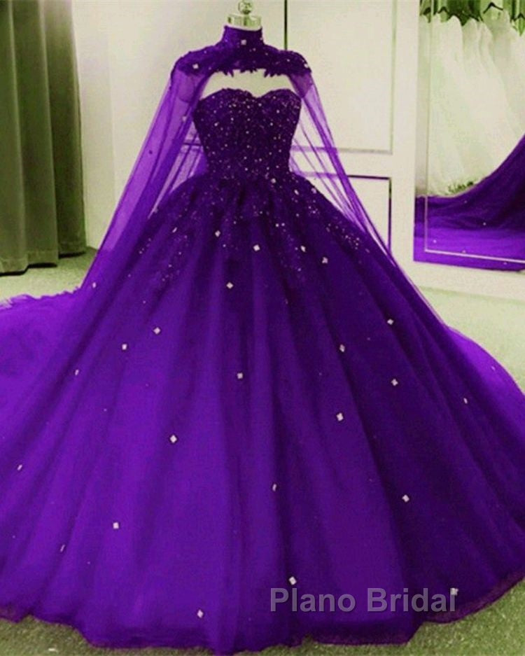 Tulle Dark Purple Quince Dresses Ball Gown Wedding Dresses With Cape