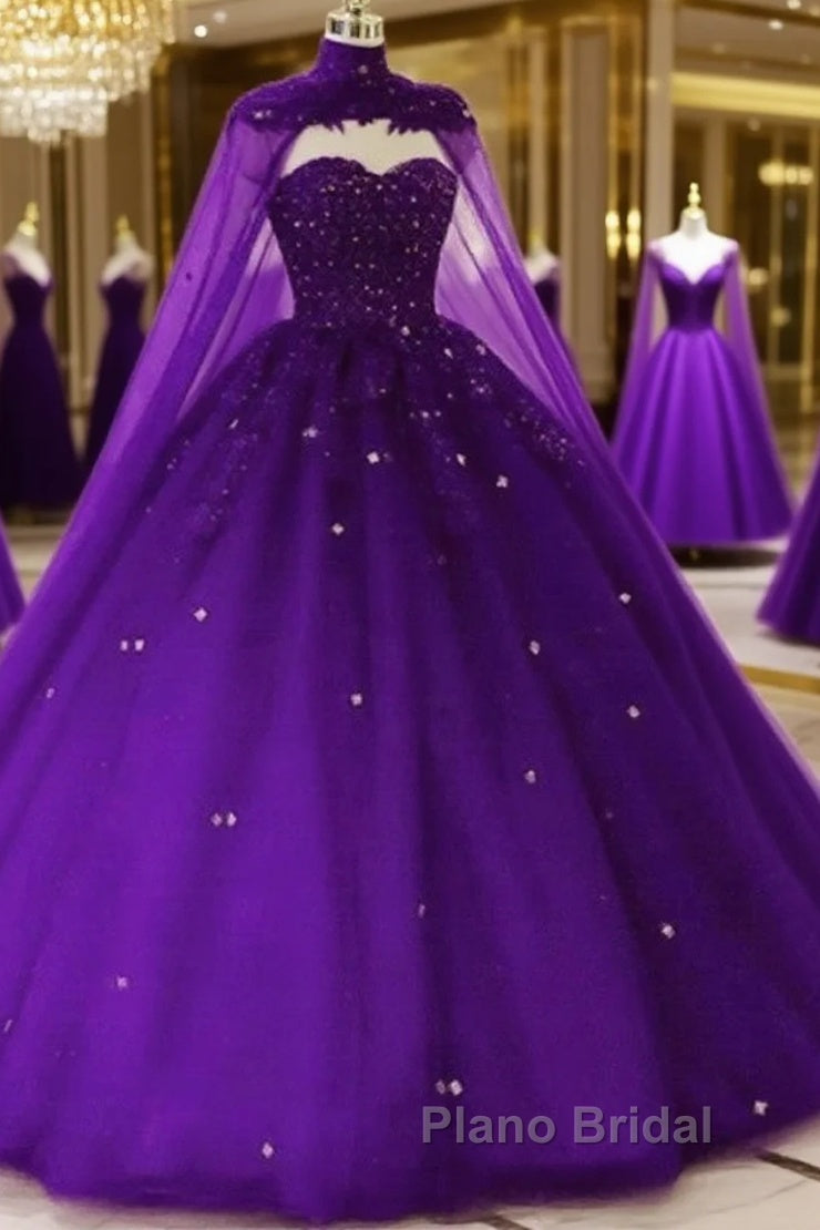 Tulle Dark Purple Quince Dresses Ball Gown Wedding Dresses With Cape Main image