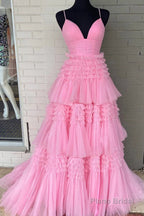 Tulle Deep V Neck Spaghetti Straps Long Prom Dress