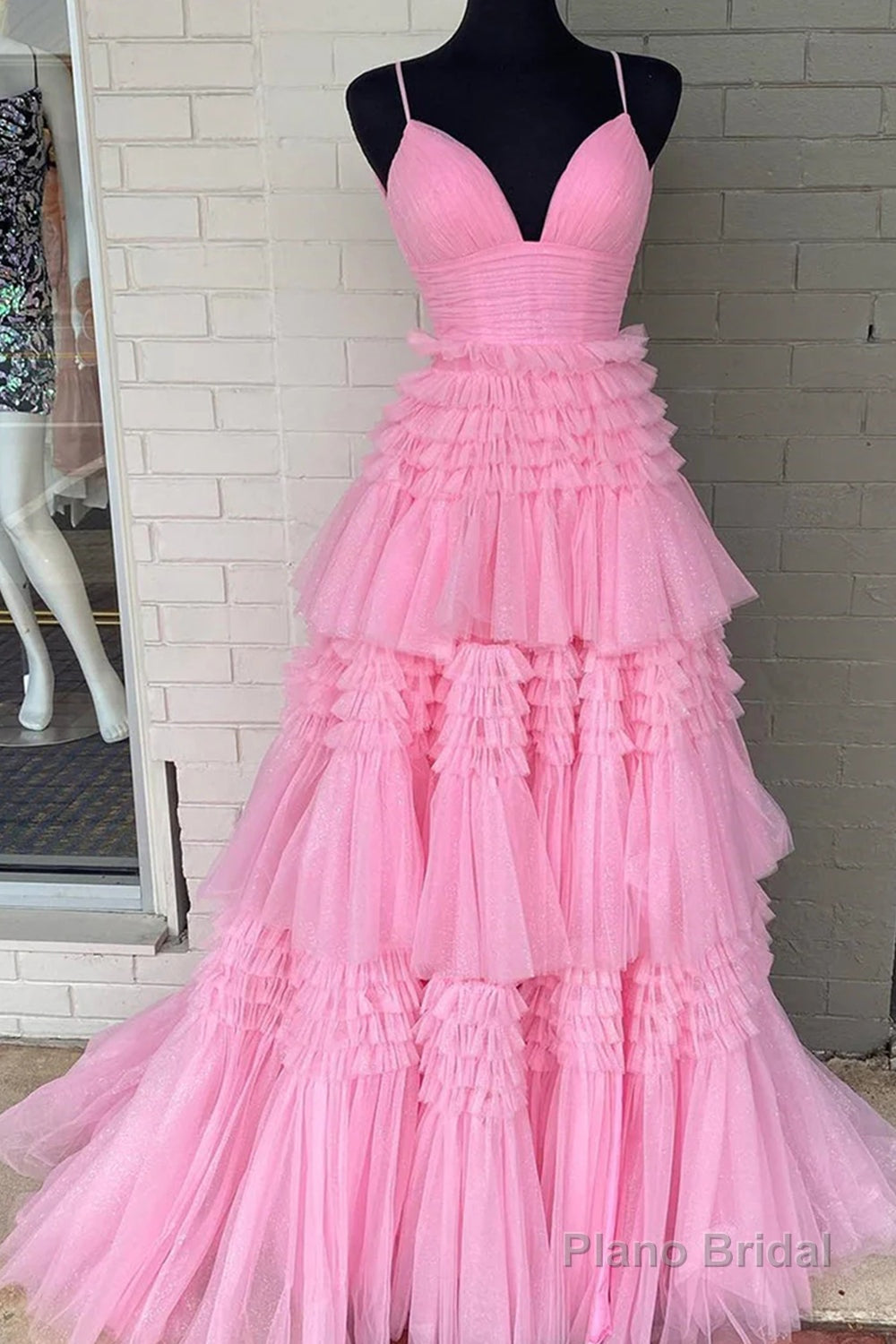 Tulle Deep V Neck Spaghetti Straps Long Prom Dress
