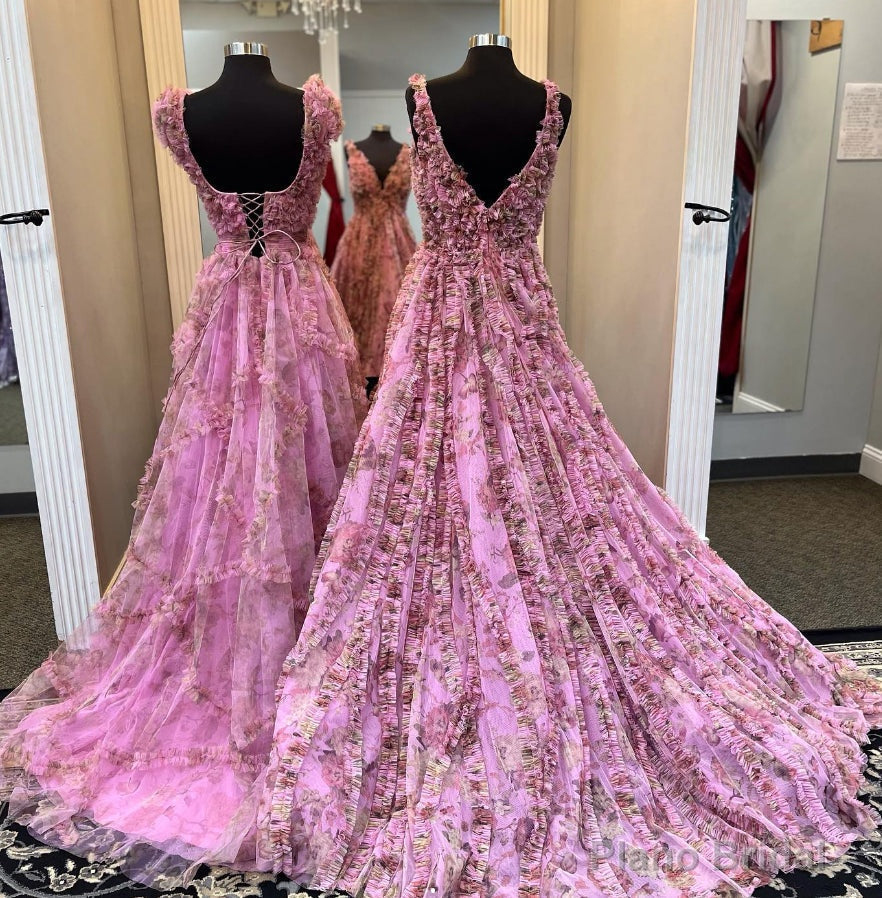 Tulle Floral Print Long Prom Dress with Ruffle Embellishments Secondary image