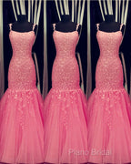 Tulle Lace Appliques Mermaid Formal Prom Dresses Spaghetti Straps