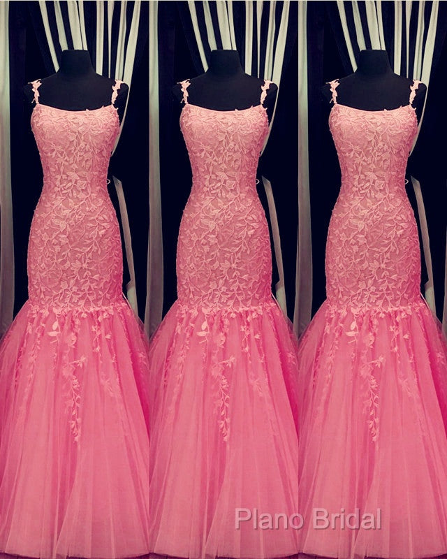Tulle Lace Appliques Mermaid Formal Prom Dresses Spaghetti Straps