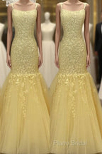 Tulle Lace Appliques Mermaid Formal Prom Dresses Spaghetti Straps