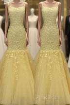 Tulle Lace Appliques Mermaid Formal Prom Dresses Spaghetti Straps