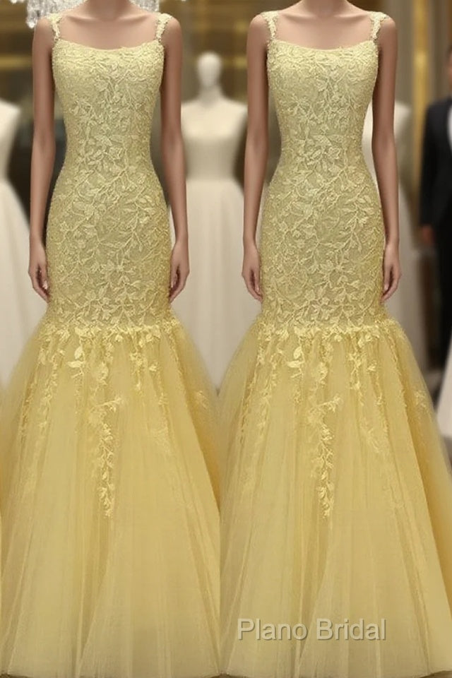 Tulle Lace Appliques Mermaid Formal Prom Dresses Spaghetti Straps