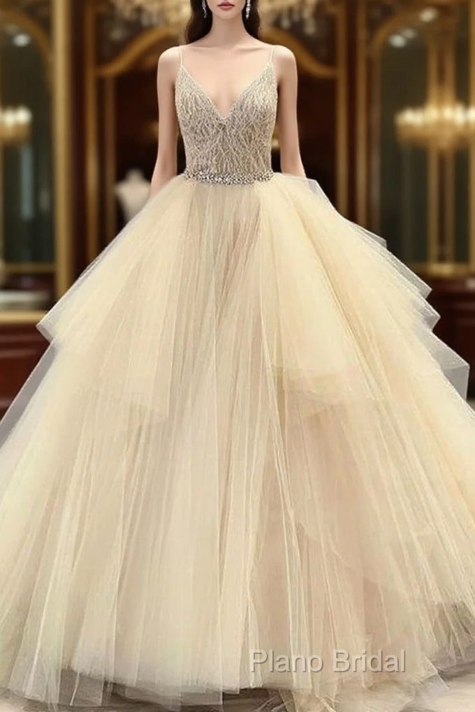 Tulle Lace Beading V-Neck Spaghetti Straps Sleeveless Floor-Length Ball Gown Formal Prom Dresses Wedding Dresses