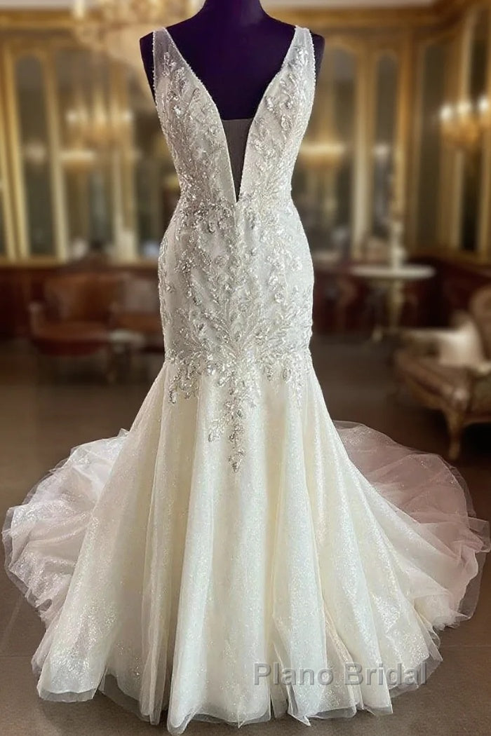 Tulle Lace Plunge V Long Wedding Dresses