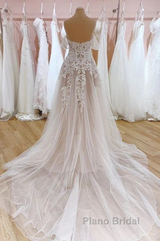Tulle Lace Wedding Dresses Off The Shoulder A-Line Bridal Dresses With Sweep Train Elegant