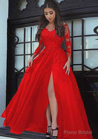 Tulle Long/Floor-Length A-Line/Princess Full/Long Sleeve Sweetheart Zipper Prom Dresses With Appliqued