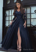 Tulle Long/Floor-Length A-Line/Princess Full/Long Sleeve Sweetheart Zipper Prom Dresses With Appliqued