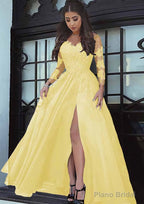 Tulle Long/Floor-Length A-Line/Princess Full/Long Sleeve Sweetheart Zipper Prom Dresses With Appliqued