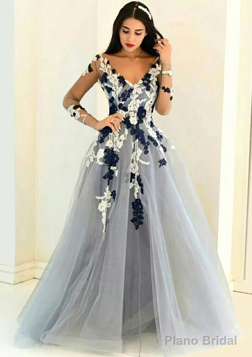 Tulle Long/Floor-Length A-Line/Princess Full/Long Sleeve V-Neck Zipper Evening Dresses With Appliqued