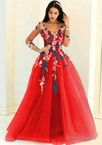 Tulle Long/Floor-Length A-Line/Princess Full/Long Sleeve V-Neck Zipper Evening Dresses With Appliqued