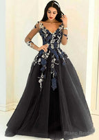 Tulle Long/Floor-Length A-Line/Princess Full/Long Sleeve V-Neck Zipper Evening Dresses With Appliqued