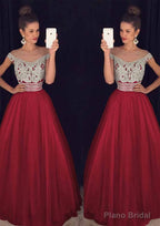 Tulle Long/Floor-Length A-Line/Princess Sleeveless Bateau Zipper Prom Dresses With Beaded