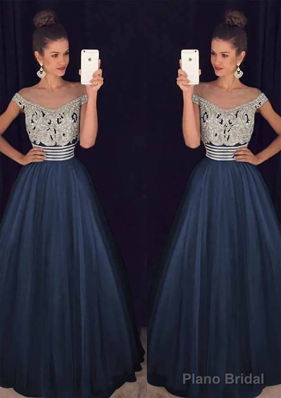 Tulle Long/Floor-Length A-Line/Princess Sleeveless Bateau Zipper Prom Dresses With Beaded Secondary image