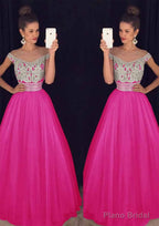 Tulle Long/Floor-Length A-Line/Princess Sleeveless Bateau Zipper Prom Dresses With Beaded