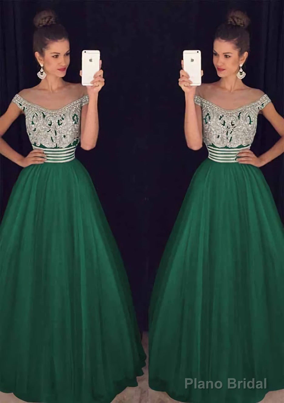 Tulle Long/Floor-Length A-Line/Princess Sleeveless Bateau Zipper Prom Dresses With Beaded