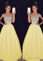 Tulle Long/Floor-Length A-Line/Princess Sleeveless Bateau Zipper Prom Dresses With Beaded