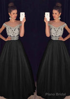 Tulle Long/Floor-Length A-Line/Princess Sleeveless Bateau Zipper Prom Dresses With Beaded