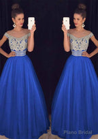 Tulle Long/Floor-Length A-Line/Princess Sleeveless Bateau Zipper Prom Dresses With Beaded