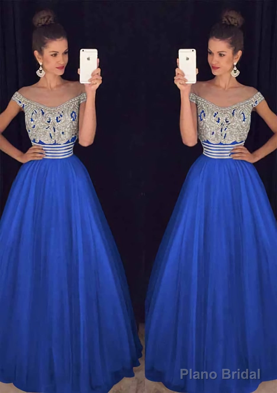 Tulle Long/Floor-Length A-Line/Princess Sleeveless Bateau Zipper Prom Dresses With Beaded