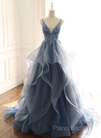 Tulle Long Formal Prom Dresses With Spaghetti Straps And Ruffled Floor Length Skirt