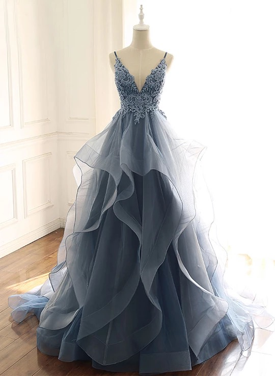 Tulle Long Formal Prom Dresses With Spaghetti Straps And Ruffled Floor Length Skirt Secondary image