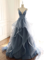 Tulle Long Formal Prom Dresses With Spaghetti Straps And Ruffled Floor Length Skirt