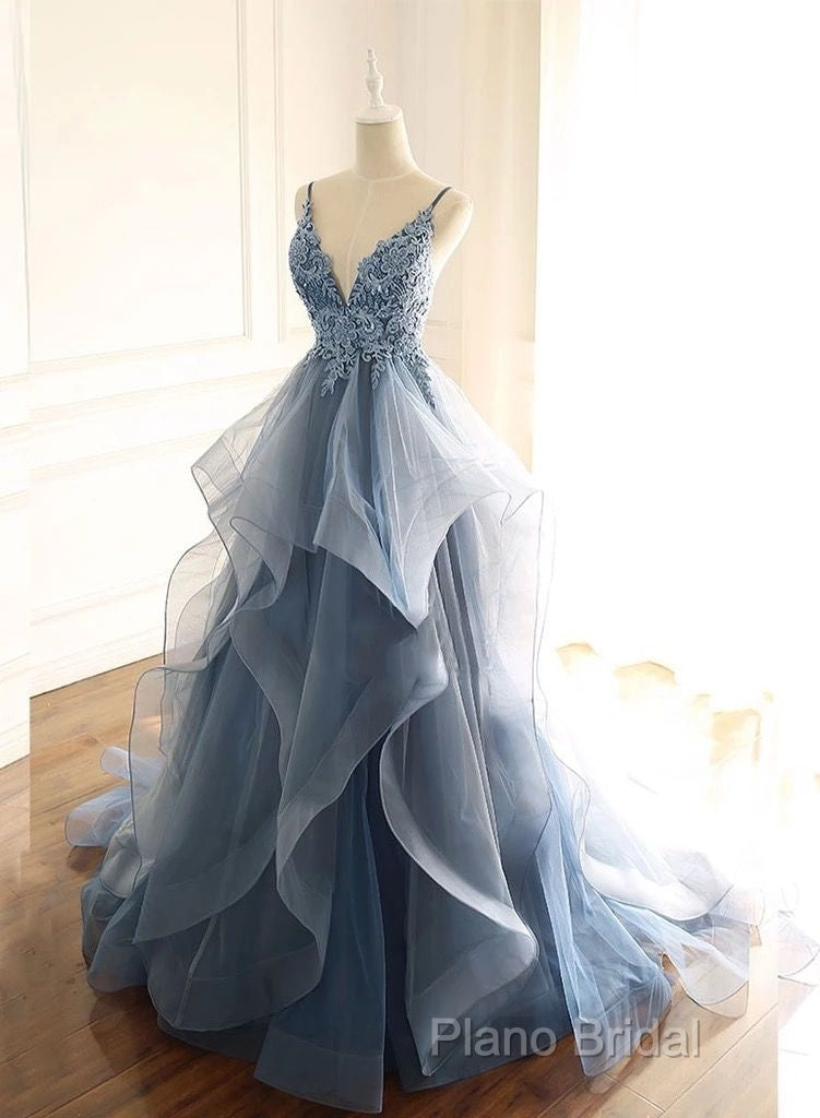 Tulle Long Formal Prom Dresses With Spaghetti Straps And Ruffled Floor Length Skirt