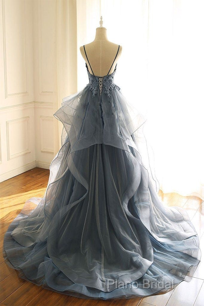 Tulle Long Formal Prom Dresses With Spaghetti Straps And Ruffled Floor Length Skirt