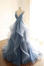 Tulle Long Formal Prom Dresses With Spaghetti Straps And Ruffled Floor Length Skirt