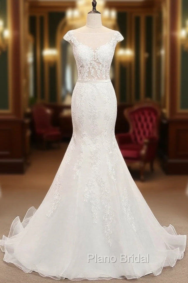 Tulle & Organza Bateau Mermaid Wedding Dresses With Lace Appliques & Belt