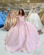 Tulle Princess Off Shoulder Long Formal Prom Dresses, Long Strapless Pink Flower Appliqu¨¦S Formal Evening Dresses