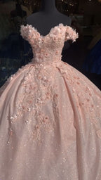 Tulle Princess Off Shoulder Long Formal Prom Dresses, Long Strapless Pink Flower Appliqu¨¦S Formal Evening Dresses