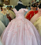 Tulle Princess Off Shoulder Long Formal Prom Dresses, Long Strapless Pink Flower Appliqu¨¦S Formal Evening Dresses