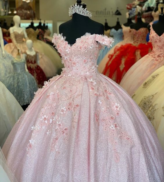 Tulle Princess Off Shoulder Long Formal Prom Dresses, Long Strapless Pink Flower Appliqu¨¦S Formal Evening Dresses