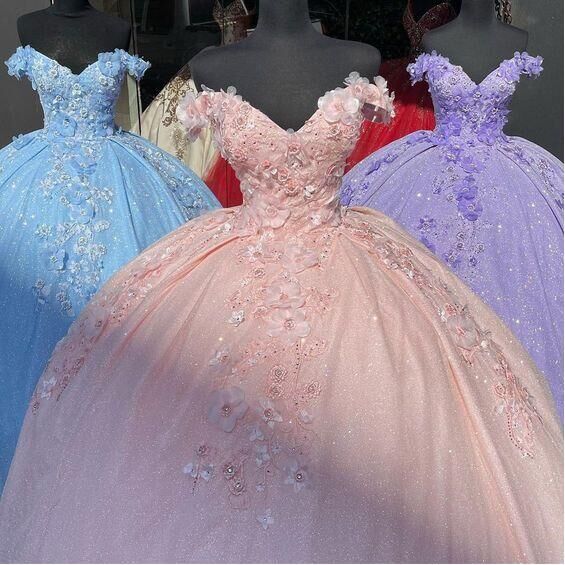 Tulle Princess Off Shoulder Long Formal Prom Dresses, Long Strapless Pink Flower Appliqu¨¦S Formal Evening Dresses