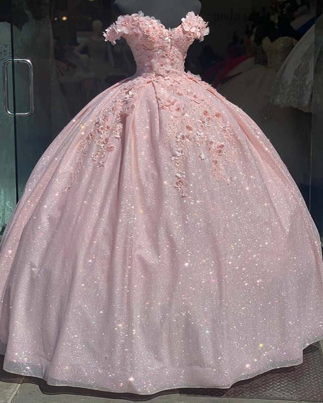 Tulle Princess Off Shoulder Long Formal Prom Dresses, Long Strapless Pink Flower Appliqu¨¦S Formal Evening Dresses Main image