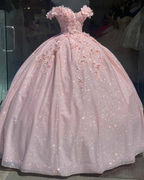 Tulle Princess Off Shoulder Long Formal Prom Dresses, Long Strapless Pink Flower Appliqu¨¦S Formal Evening Dresses
