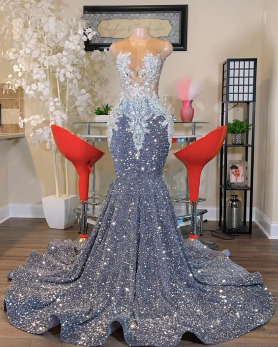 O Neck Silver Formal Prom Dresses, Plus Size Formal Prom Dresses, Sparkly Formal Prom Dresses Beaded Applique Formal Prom Dresses