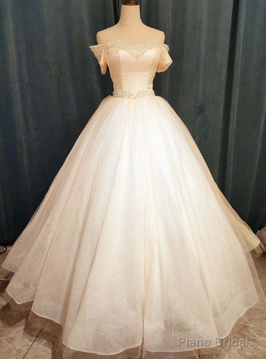 Tulle Satin Off the Shoulder Shrt Sleeve Pearls Wedding Dress Main image