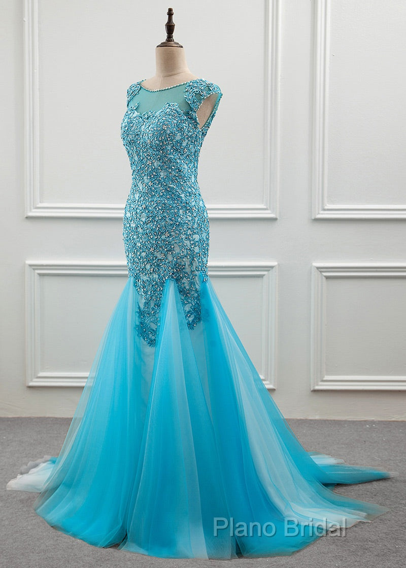 Tulle Scoop Mermaid Formal Dresses With Beaded Lace Appliques Secondary image